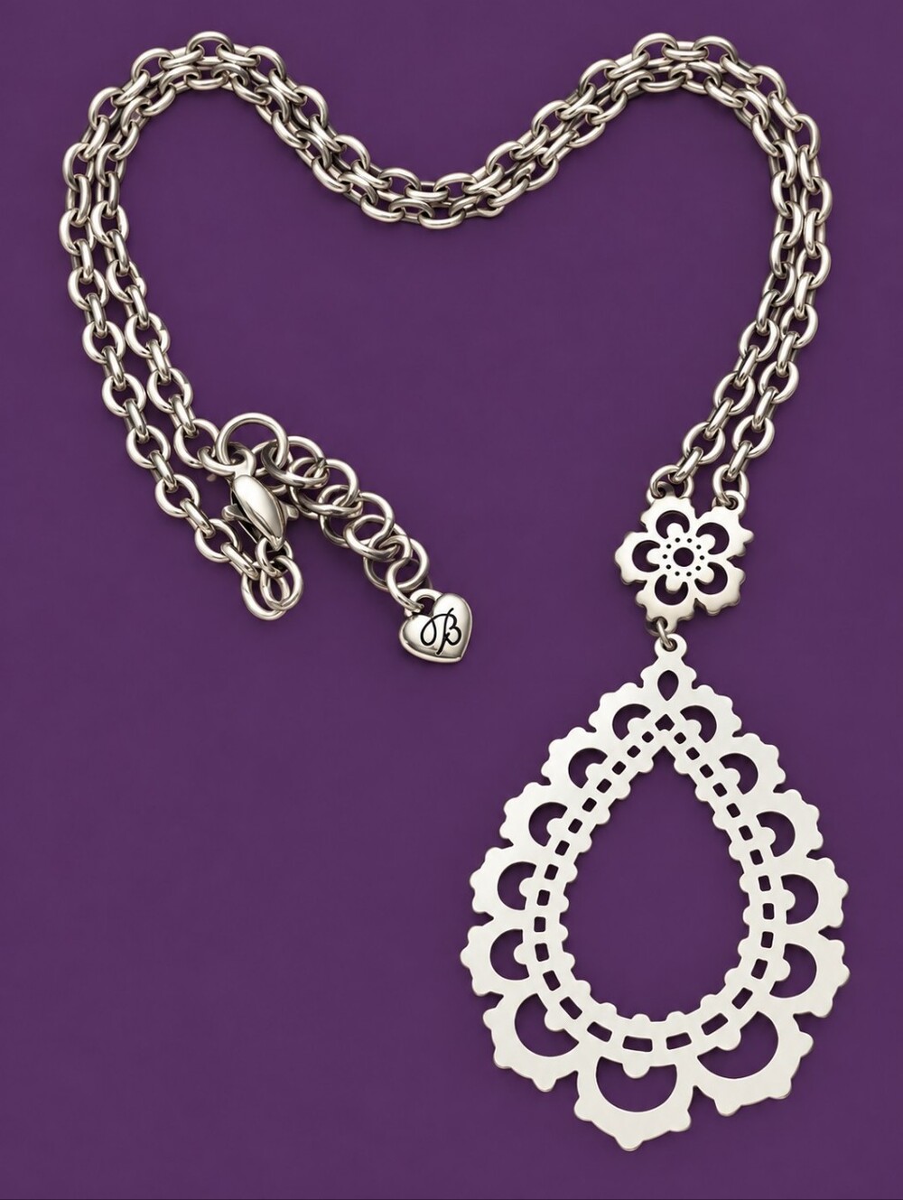 BRIGHTON Bloomingale Silver Lace Teardrop Floral Pendant Chain Necklace